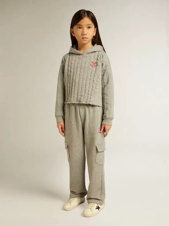 Pantaloni cargo joggers in cotone grigio melange con ricami