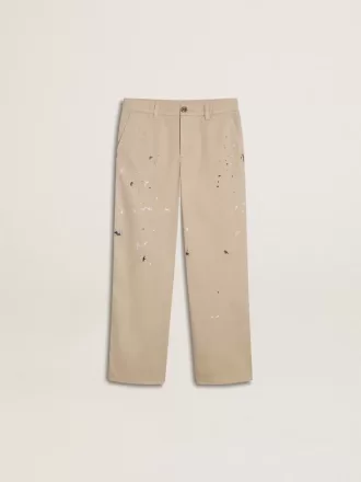 Pantaloni chino beige per bambino con spruzzi multicolori
