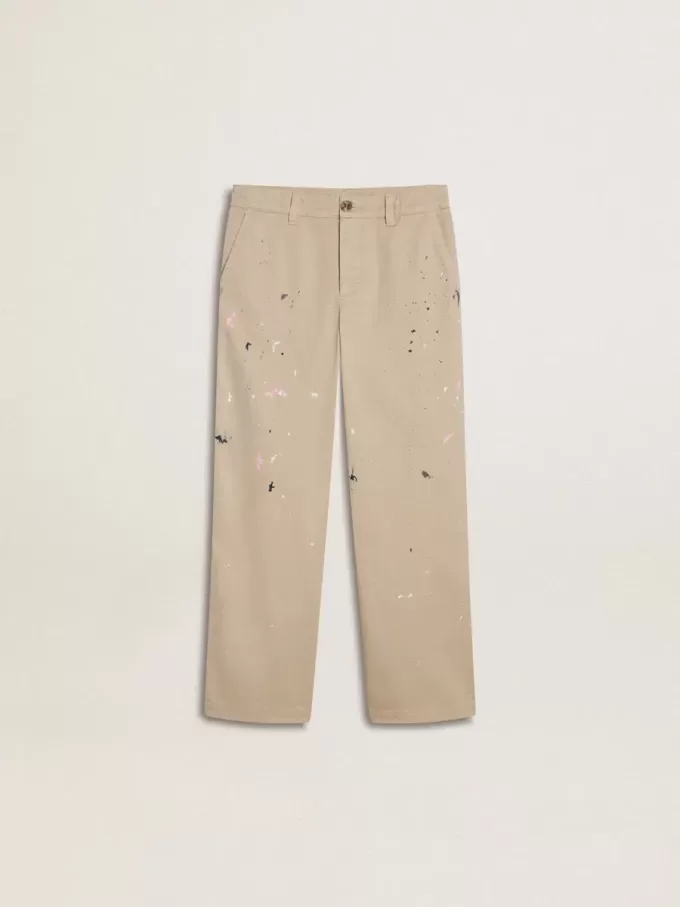 Pantaloni chino beige per bambino con spruzzi multicolori