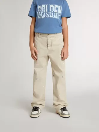 Pantaloni chino beige per bambino con spruzzi multicolori