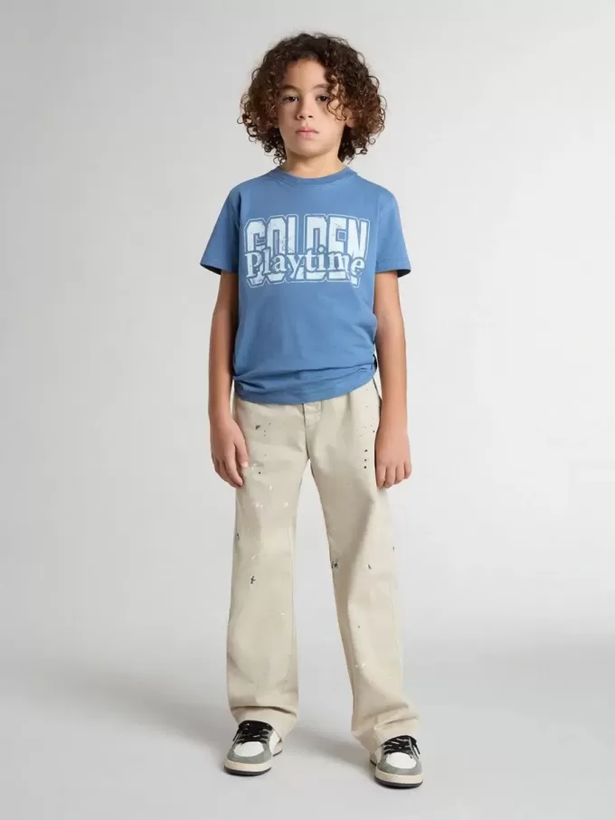 Pantaloni chino beige per bambino con spruzzi multicolori