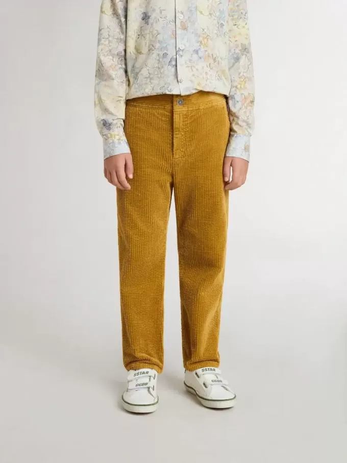 Pantaloni chino da bambino color tabacco con ricami