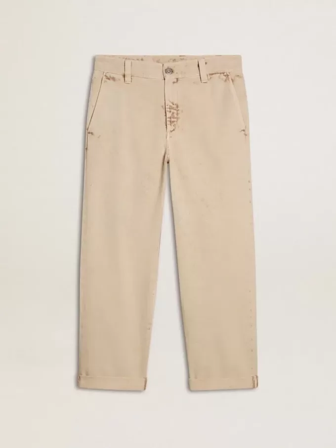 Pantaloni chino da uomo beige con finitura effetto vissuto
