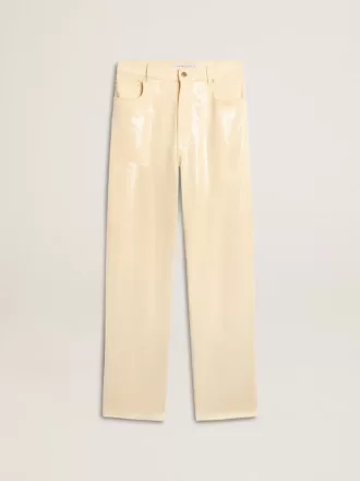 Pantaloni écru con paillettes trasparenti su tutta la superficie