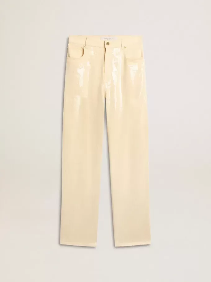Pantaloni écru con paillettes trasparenti su tutta la superficie Pantaloni écru con paillettes trasparenti su tutta la superficie