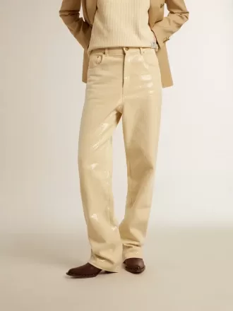 Pantaloni écru con paillettes trasparenti su tutta la superficie