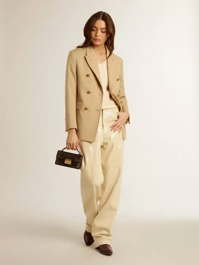 Pantaloni écru con paillettes trasparenti su tutta la superficie Pantaloni écru con paillettes trasparenti su tutta la superficie