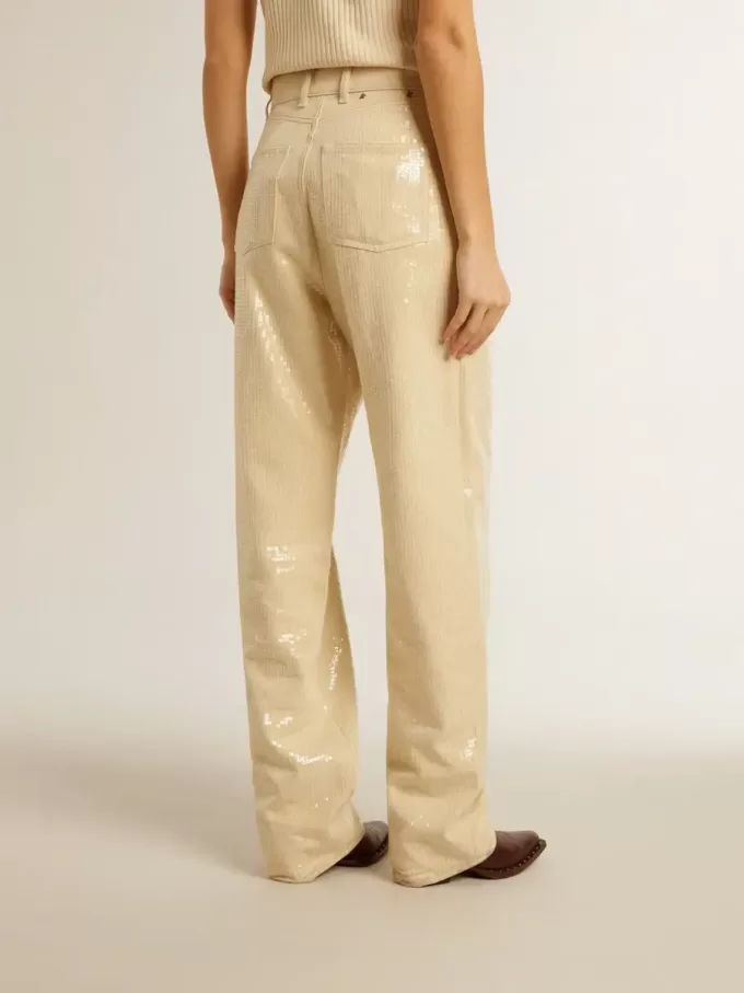 Pantaloni écru con paillettes trasparenti su tutta la superficie Pantaloni écru con paillettes trasparenti su tutta la superficie