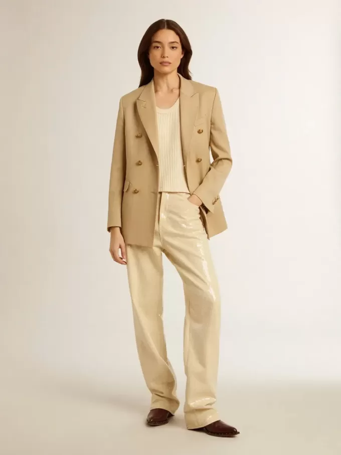 Pantaloni écru con paillettes trasparenti su tutta la superficie Pantaloni écru con paillettes trasparenti su tutta la superficie