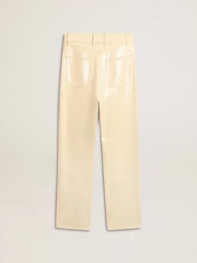 Pantaloni écru con paillettes trasparenti su tutta la superficie Pantaloni écru con paillettes trasparenti su tutta la superficie