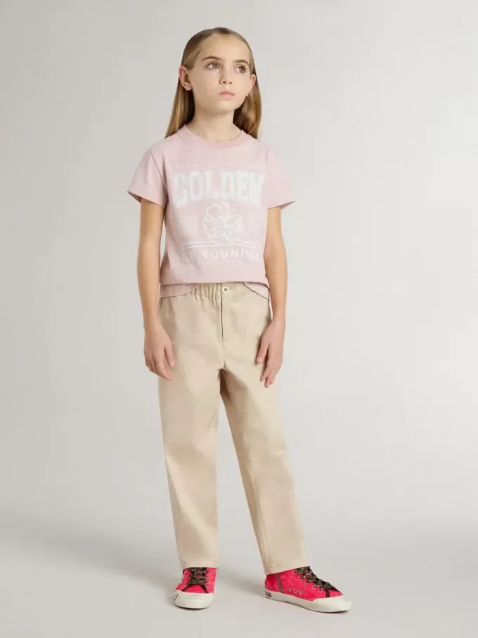 Pantaloni da bambina in cotone beige con ricamo Pantaloni da bambina in cotone beige con ricamo