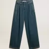 Pantaloni da donna blu in cotone a pieghe Pantaloni da donna blu in cotone a pieghe