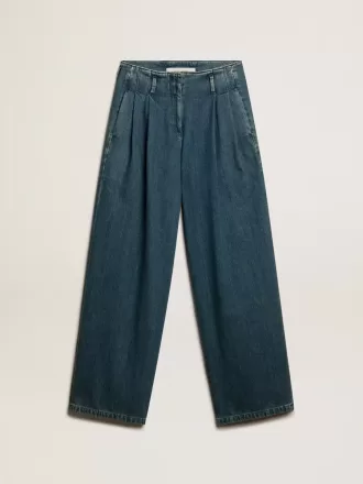 Pantaloni da donna blu in cotone a pieghe Pantaloni da donna blu in cotone a pieghe