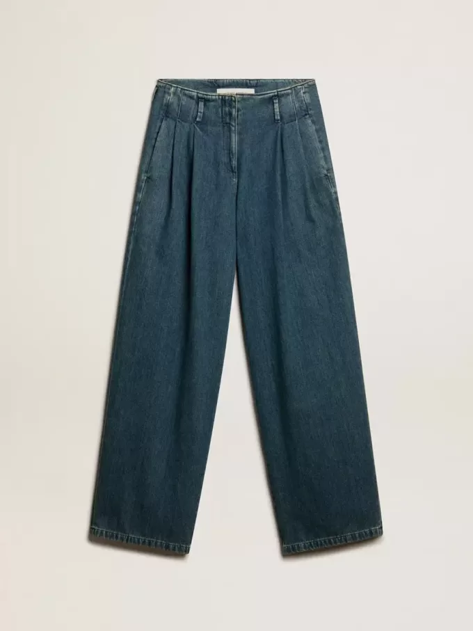 Pantaloni da donna blu in cotone a pieghe Pantaloni da donna blu in cotone a pieghe
