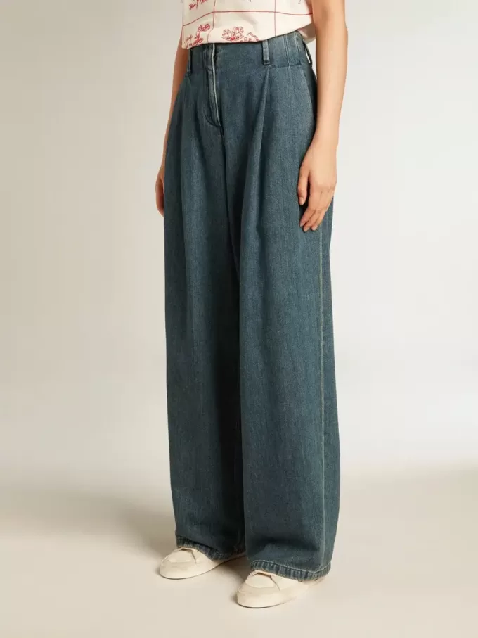 Pantaloni da donna blu in cotone a pieghe Pantaloni da donna blu in cotone a pieghe