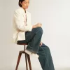 Pantaloni da donna blu in cotone a pieghe Pantaloni da donna blu in cotone a pieghe