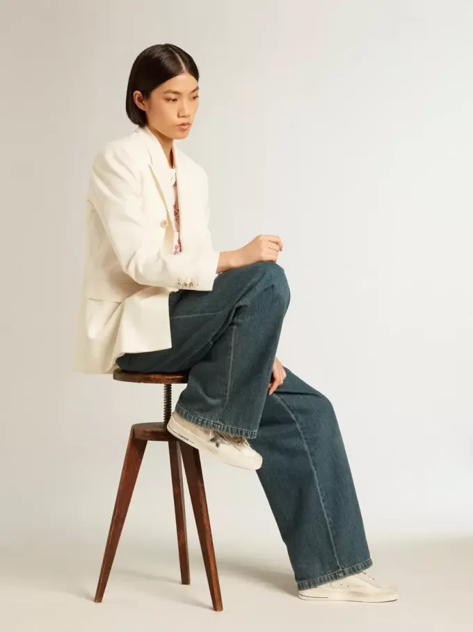 Pantaloni da donna blu in cotone a pieghe Pantaloni da donna blu in cotone a pieghe