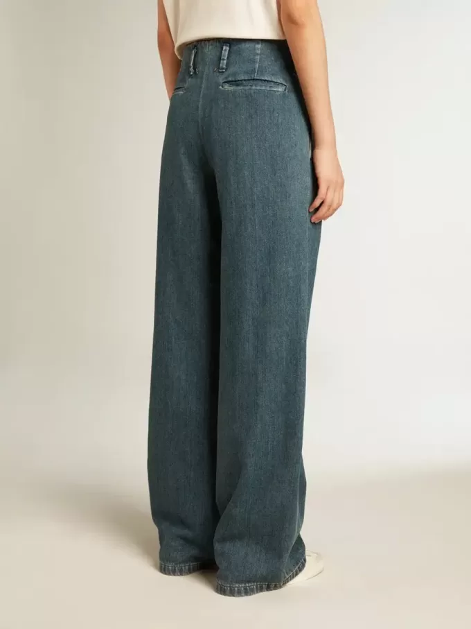 Pantaloni da donna blu in cotone a pieghe Pantaloni da donna blu in cotone a pieghe