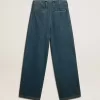 Pantaloni da donna blu in cotone a pieghe Pantaloni da donna blu in cotone a pieghe