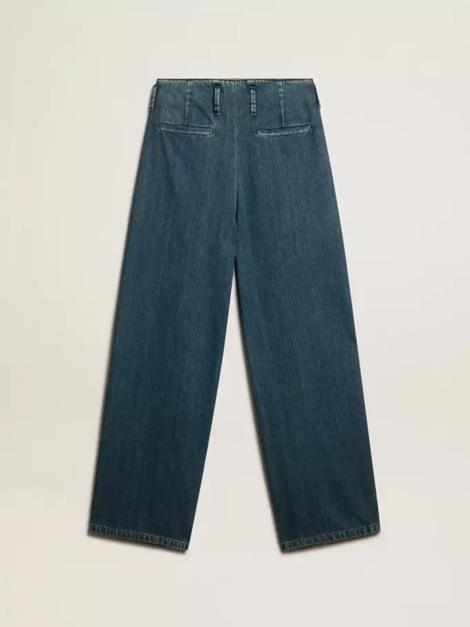 Pantaloni da donna blu in cotone a pieghe Pantaloni da donna blu in cotone a pieghe