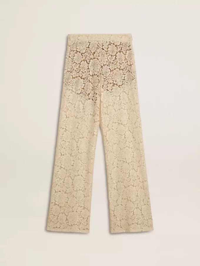 Pantaloni da donna color crema in pizzo trasparente Pantaloni da donna color crema in pizzo trasparente