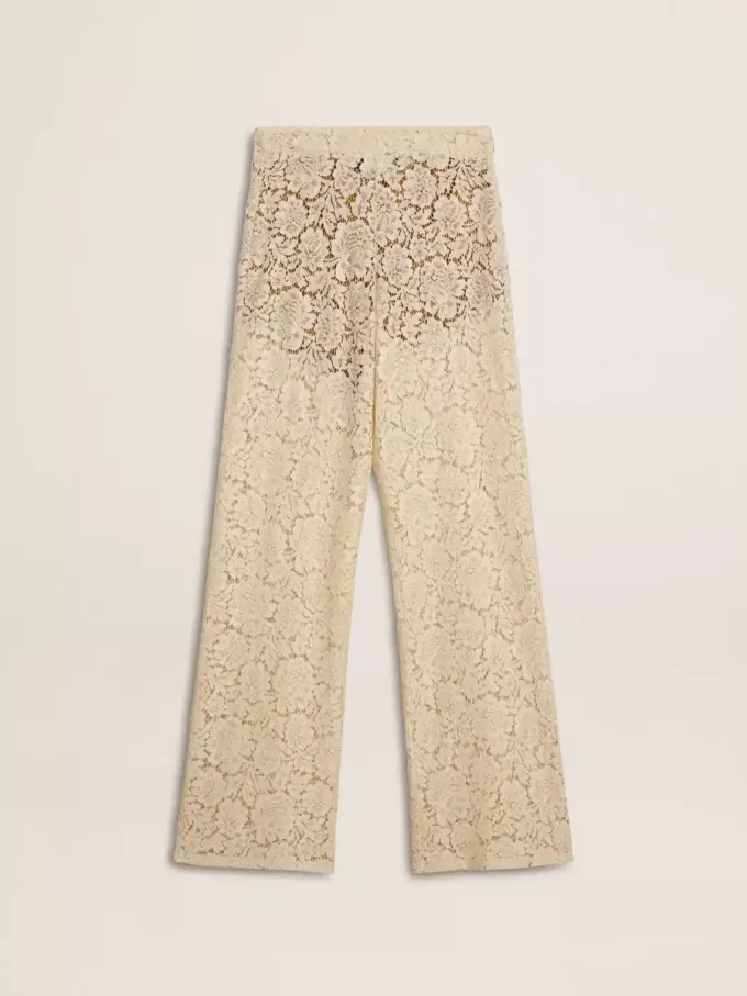 Pantaloni da donna color crema in pizzo trasparente Pantaloni da donna color crema in pizzo trasparente