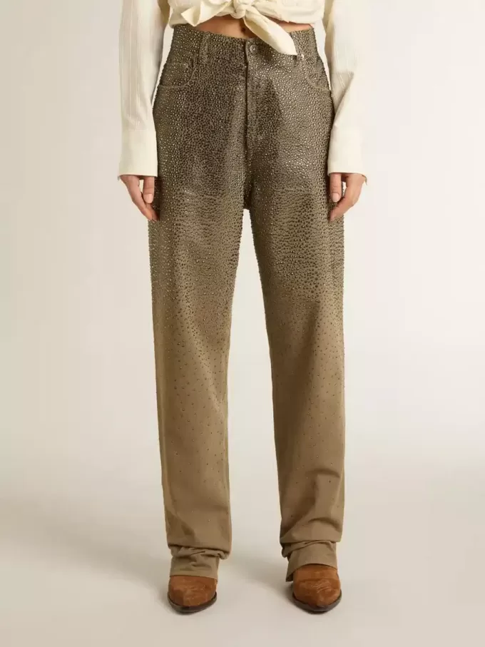 Pantaloni da donna in cotone kaki con effetto Swarovski sfumato Pantaloni da donna in cotone kaki con effetto Swarovski sfumato