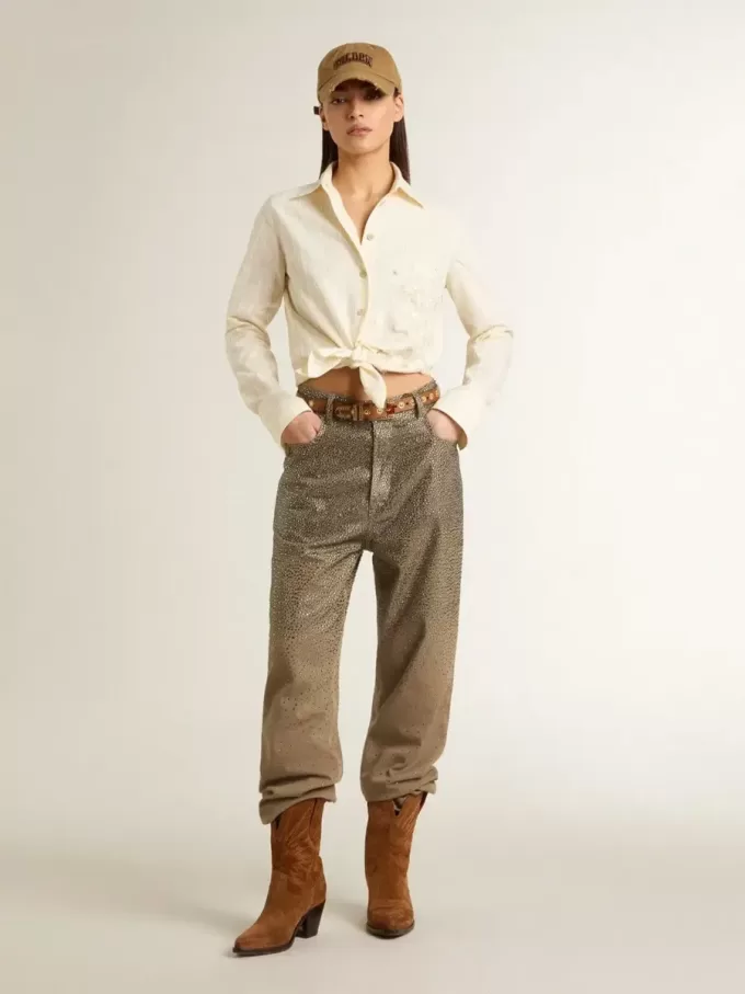 Pantaloni da donna in cotone kaki con effetto Swarovski sfumato Pantaloni da donna in cotone kaki con effetto Swarovski sfumato