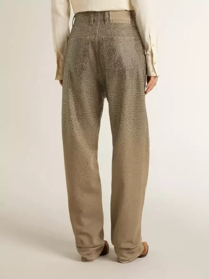Pantaloni da donna in cotone kaki con effetto Swarovski sfumato Pantaloni da donna in cotone kaki con effetto Swarovski sfumato