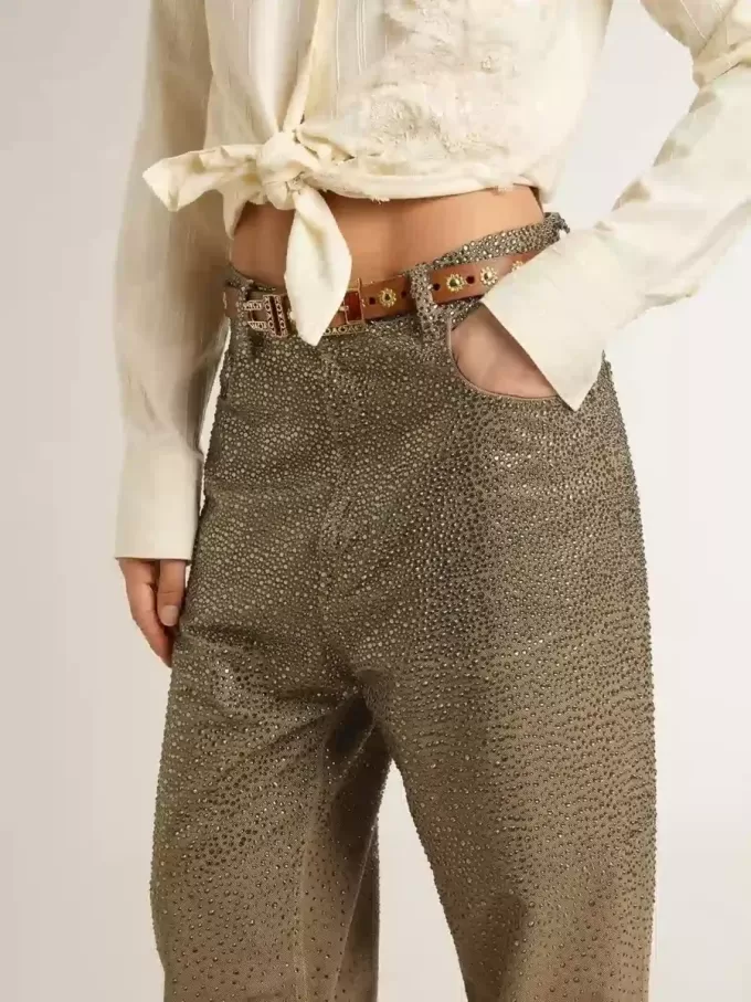 Pantaloni da donna in cotone kaki con effetto Swarovski sfumato Pantaloni da donna in cotone kaki con effetto Swarovski sfumato