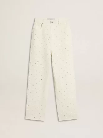 Pantaloni da donna in denim bianco con perline e cristalli