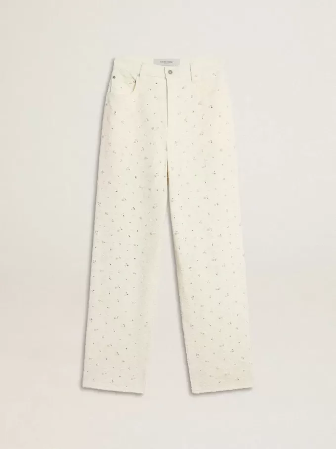 Pantaloni da donna in denim bianco con perline e cristalli Pantaloni da donna in denim bianco con perline e cristalli
