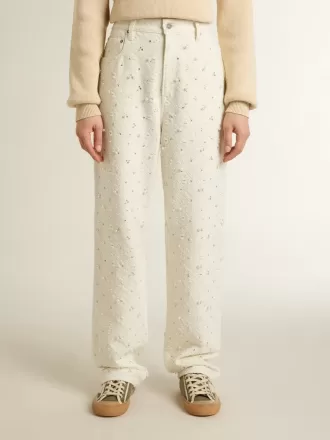 Pantaloni da donna in denim bianco con perline e cristalli