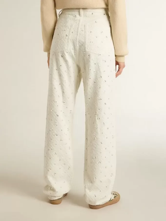 Pantaloni da donna in denim bianco con perline e cristalli Pantaloni da donna in denim bianco con perline e cristalli