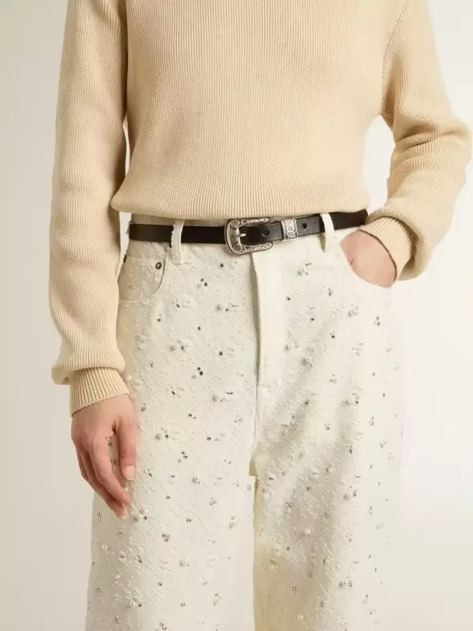Pantaloni da donna in denim bianco con perline e cristalli Pantaloni da donna in denim bianco con perline e cristalli