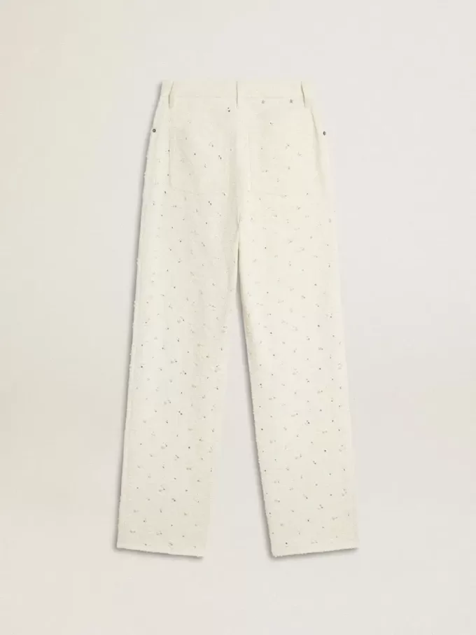 Pantaloni da donna in denim bianco con perline e cristalli Pantaloni da donna in denim bianco con perline e cristalli