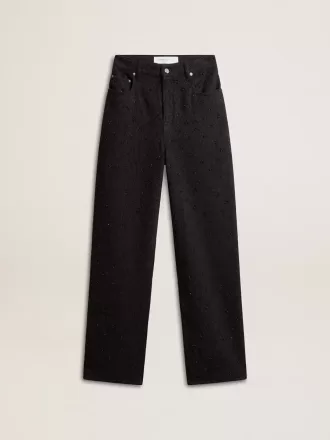Pantaloni da donna in denim di cotone con decorazioni in cristallo e pietre