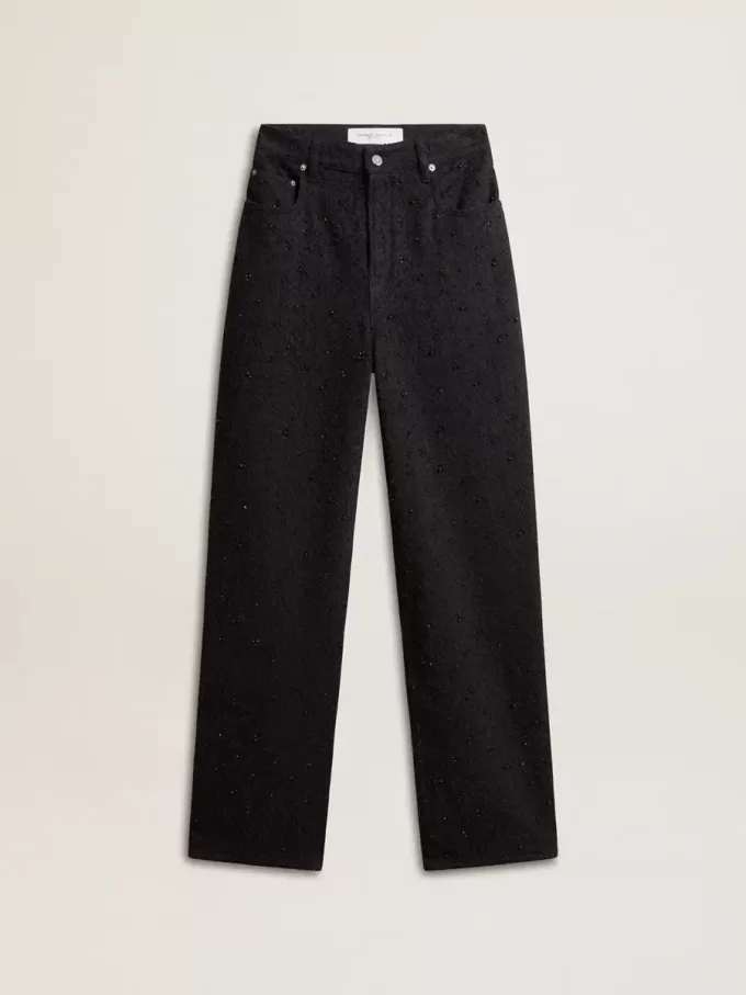 Pantaloni da donna in denim di cotone con decorazioni in cristallo e pietre