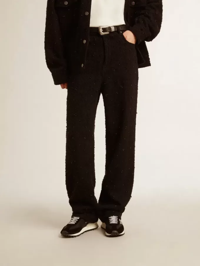 Pantaloni da donna in denim di cotone con decorazioni in cristallo e pietre