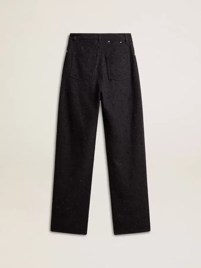 Pantaloni da donna in denim di cotone con decorazioni in cristallo e pietre