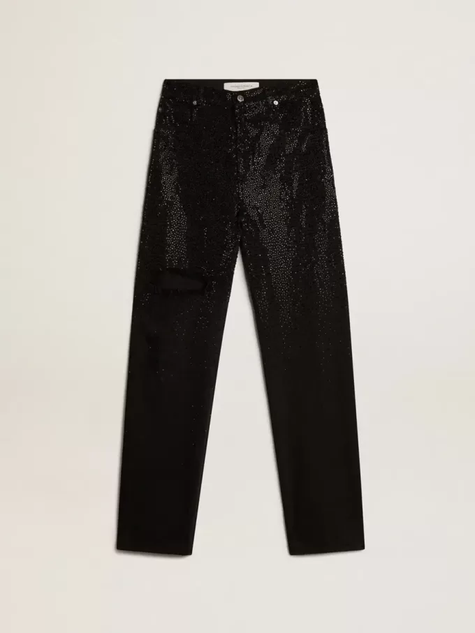 Pantaloni da donna in denim di cotone con decorazioni in cristallo effetto sfumato Pantaloni da donna in denim di cotone con decorazioni in cristallo effetto sfumato