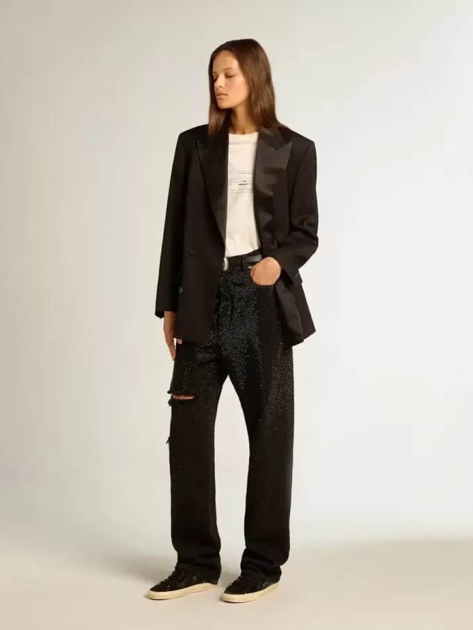 Pantaloni da donna in denim di cotone con decorazioni in cristallo effetto sfumato Pantaloni da donna in denim di cotone con decorazioni in cristallo effetto sfumato