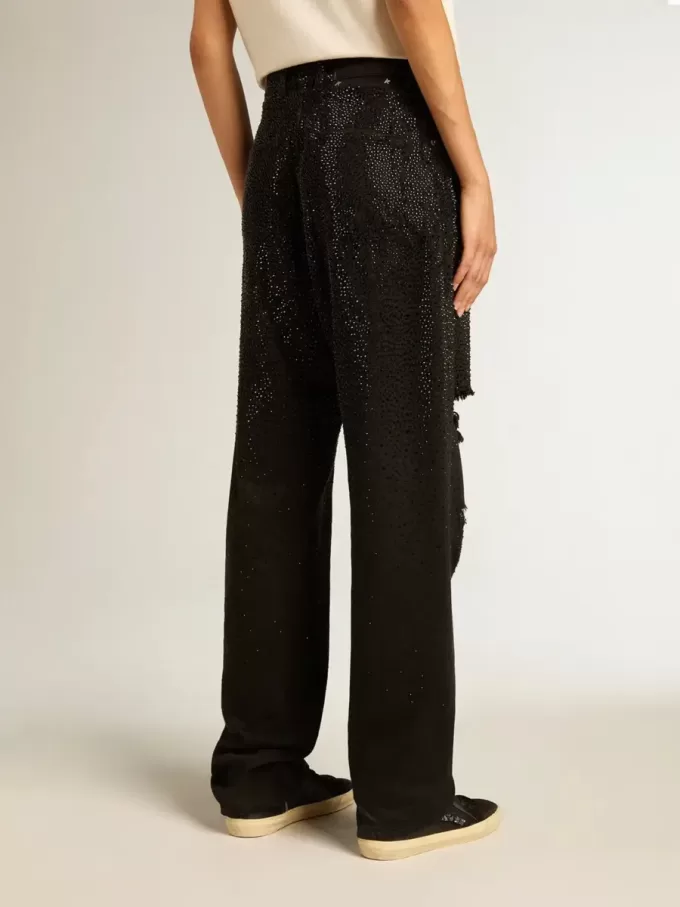 Pantaloni da donna in denim di cotone con decorazioni in cristallo effetto sfumato Pantaloni da donna in denim di cotone con decorazioni in cristallo effetto sfumato
