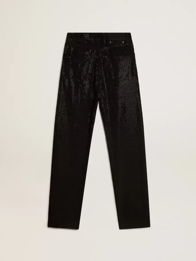 Pantaloni da donna in denim di cotone con decorazioni in cristallo effetto sfumato Pantaloni da donna in denim di cotone con decorazioni in cristallo effetto sfumato