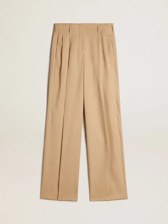 Pantaloni da donna in gabardine di lana color sabbia Pantaloni da donna in gabardine di lana color sabbia