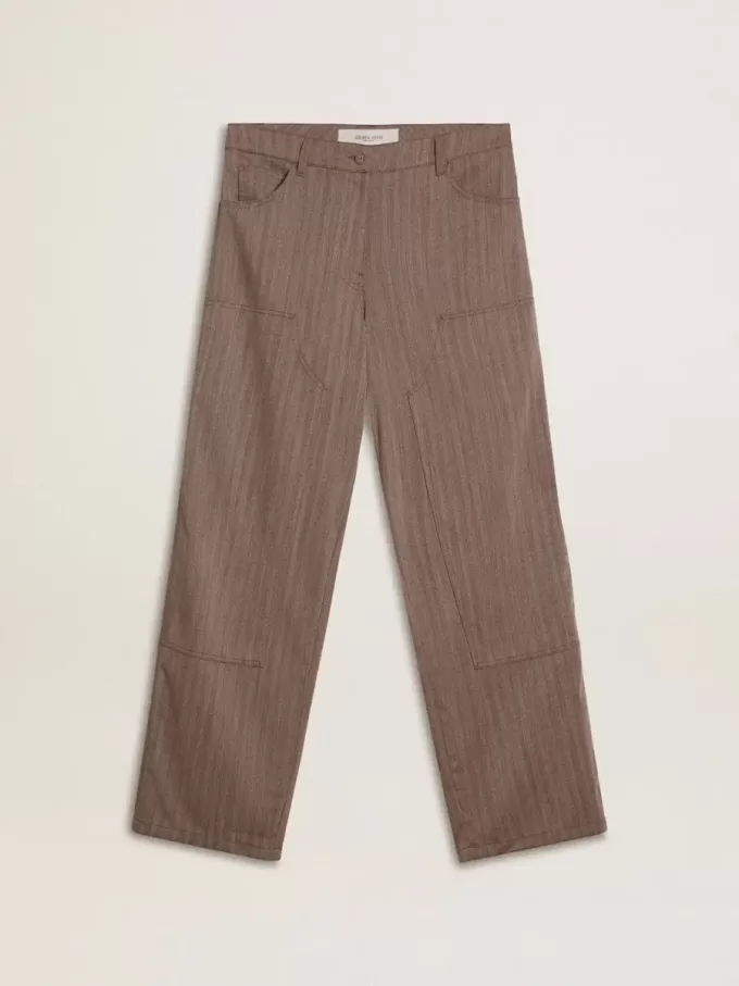 Pantaloni da donna in misto lana con micro chevron marrone chiaro Pantaloni da donna in misto lana con micro chevron marrone chiaro