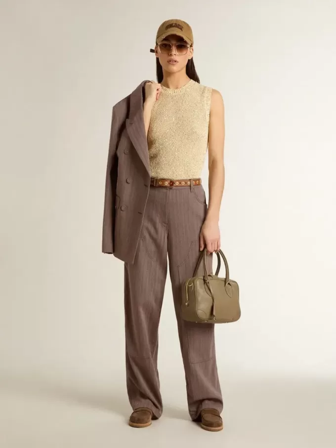 Pantaloni da donna in misto lana con micro chevron marrone chiaro Pantaloni da donna in misto lana con micro chevron marrone chiaro