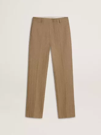 Pantaloni da donna in misto lino a spina di pesce color sabbia