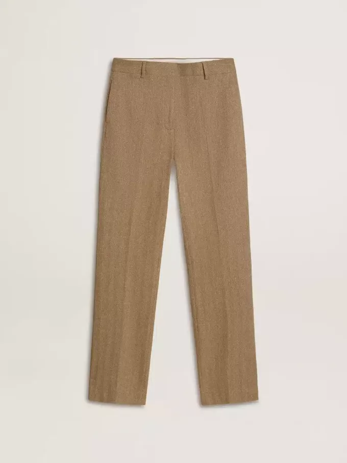 Pantaloni da donna in misto lino a spina di pesce color sabbia Pantaloni da donna in misto lino a spina di pesce color sabbia