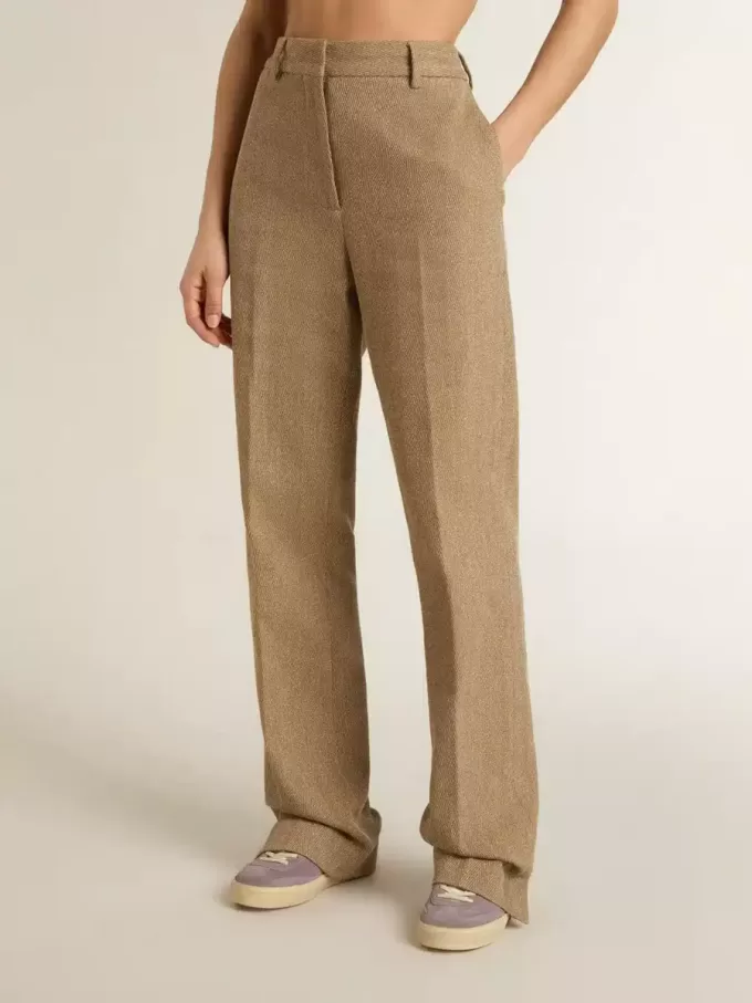 Pantaloni da donna in misto lino a spina di pesce color sabbia Pantaloni da donna in misto lino a spina di pesce color sabbia